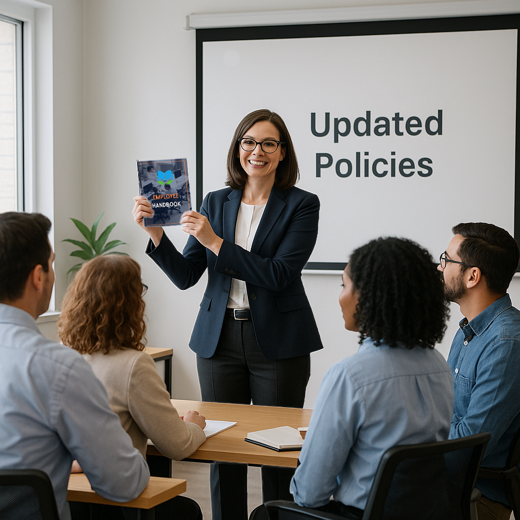 Female trainer dessed in a dark blue business suit and smiling, showing the team the new Employee Handbook.