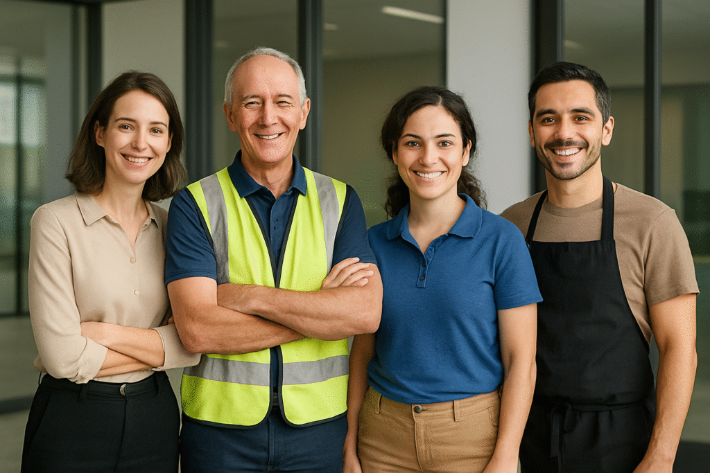A young professional woman, an older grey haired man in a hi vis vest a young casually dressed woman and a man in an apron, representing diverse businesses.